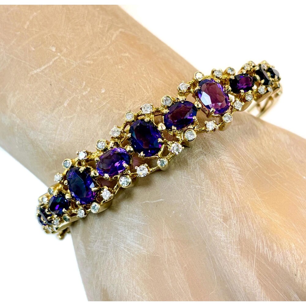 Amethyst Bracelet Diamonds 14K Yellow Gold: Hinged Bangle Vintage - Picture 3 of 14